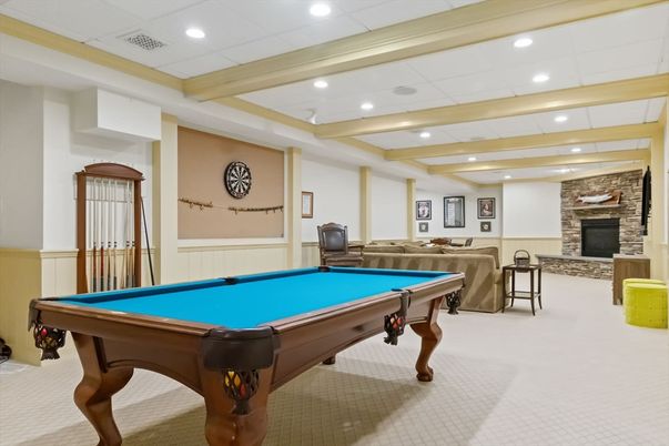 Billiard Table, Fireplace, Game Room, Interior, Recessed Lighting, Stone Walls