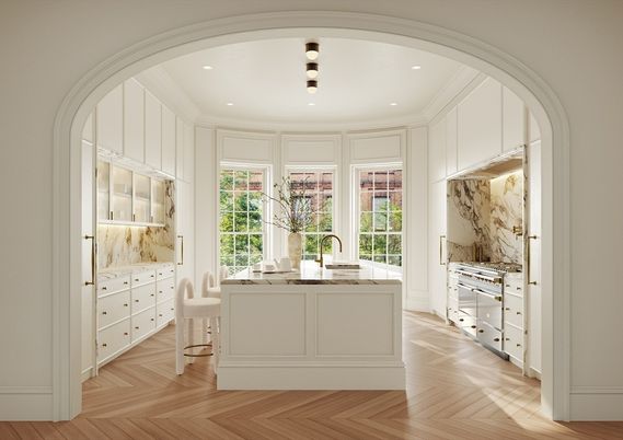 Interior, Kitchen, Marble Walls, Recessed Lighting, Wood Texture Flooring
