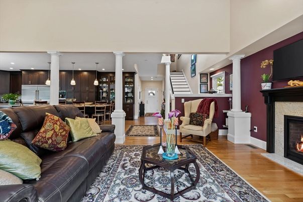 Dining room, Fireplace, Interior, Kitchen, Living room, Pendant Lights, Recessed Lighting, Wood Texture Flooring