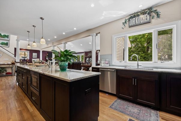 Interior, Kitchen, Pendant Lights, Recessed Lighting, Stainless Steel Appliances, Wood Texture Flooring
