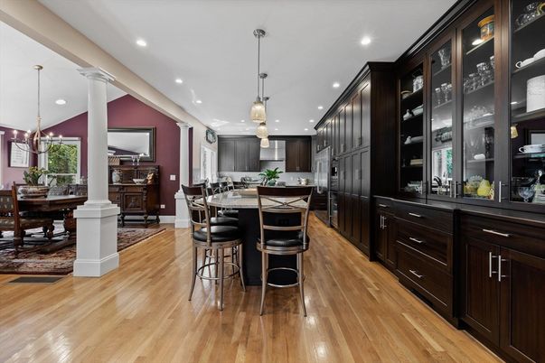 Dining room, Interior, Kitchen, Pendant Lights, Recessed Lighting, Wood Texture Flooring