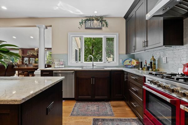 Interior, Kitchen, Recessed Lighting, Stainless Steel Appliances, Wood Texture Flooring