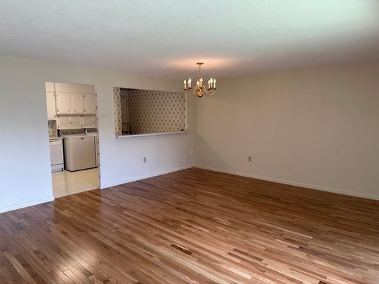 Chandelier, Empty room, Interior, Kitchen, Washer, Wood Texture Flooring