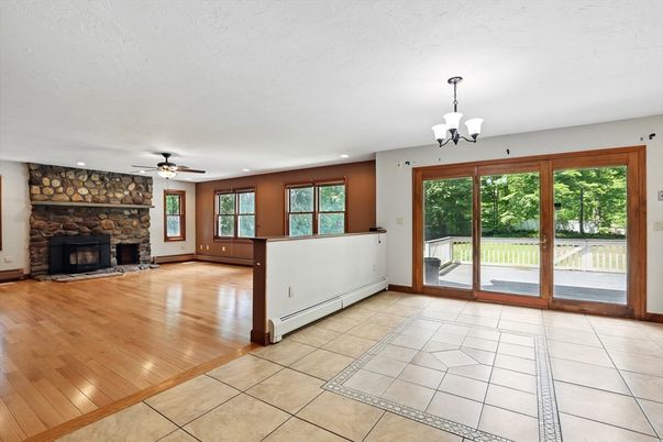 Chandelier, Empty room, Fireplace, Interior, Recessed Lighting, Wood Texture Flooring