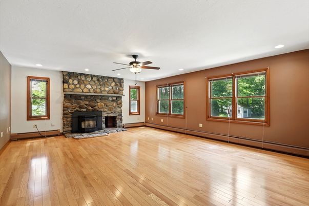 Empty room, Fireplace, Interior, Recessed Lighting, Wood Texture Flooring