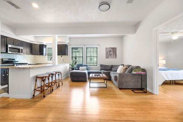 Interior, Kitchen, Living room, Recessed Lighting, Stainless Steel Appliances, Wood Texture Flooring