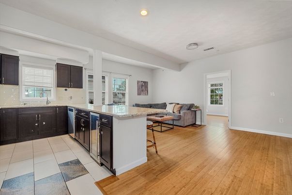 Interior, Kitchen, Living room, Recessed Lighting, Wood Texture Flooring