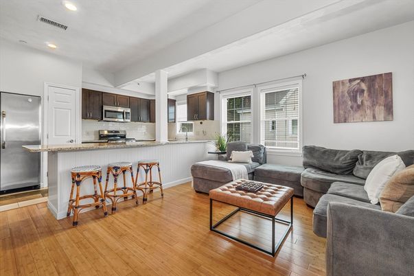 Interior, Kitchen, Living room, Recessed Lighting, Stainless Steel Appliances, Wood Texture Flooring