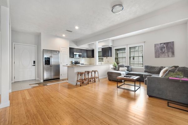 Interior, Kitchen, Living room, Recessed Lighting, Stainless Steel Appliances, Wood Texture Flooring