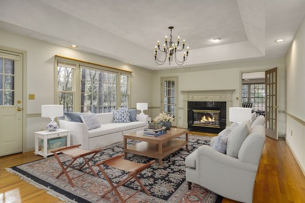 Chandelier, Fireplace, Interior, Living room, Recessed Lighting, Wood Texture Flooring