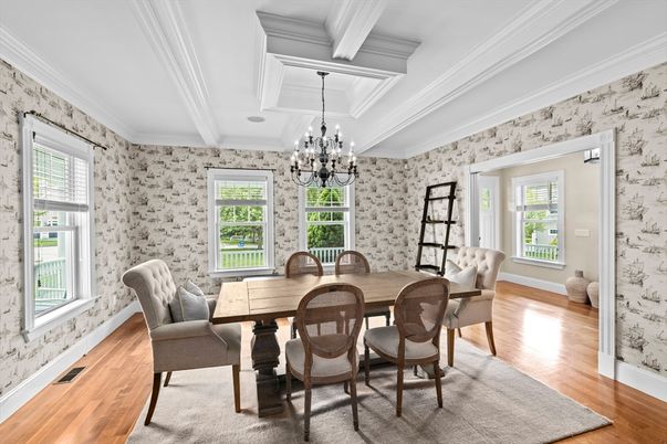 Chandelier, Dining room, Interior, Wood Texture Flooring