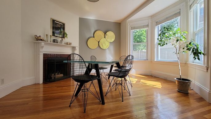 Dining room, Fireplace, Interior, Wood Texture Flooring
