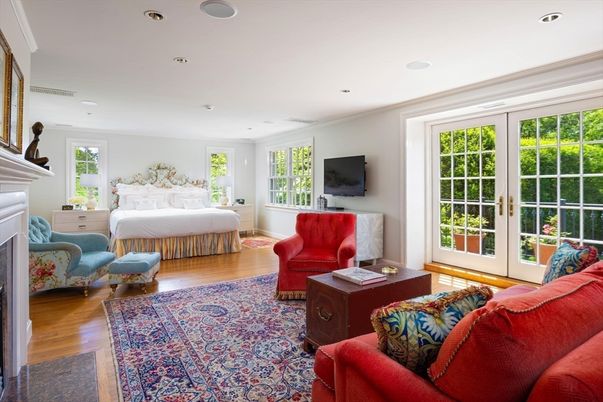 Bedroom, Fireplace, Interior, Living room, Recessed Lighting, Wood Texture Flooring
