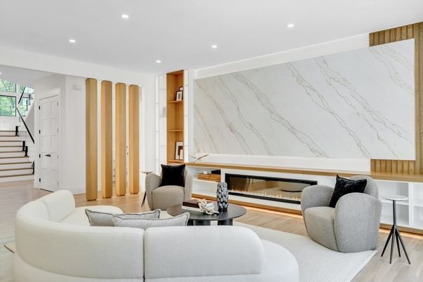 Fireplace, Interior, Living room, Marble Walls, Recessed Lighting, Wood Texture Flooring