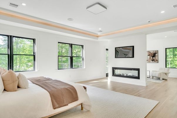 Bedroom, Fireplace, Interior, Recessed Lighting, Wood Texture Flooring