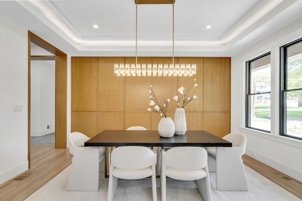 Dining room, Interior, Pendant Lights, Recessed Lighting, Wood Texture Flooring