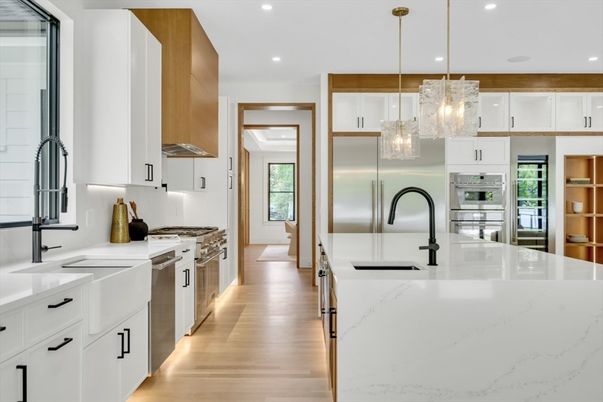 Interior, Kitchen, Pendant Lights, Recessed Lighting, Stainless Steel Appliances, Wood Texture Flooring