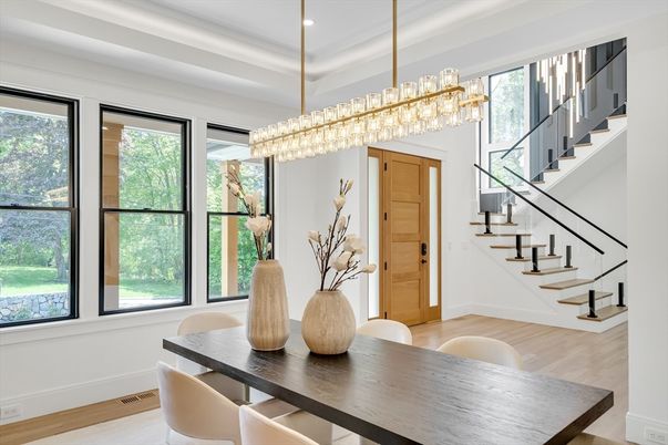 Chandelier, Dining room, Interior, Pendant Lights, Recessed Lighting, Wood Texture Flooring