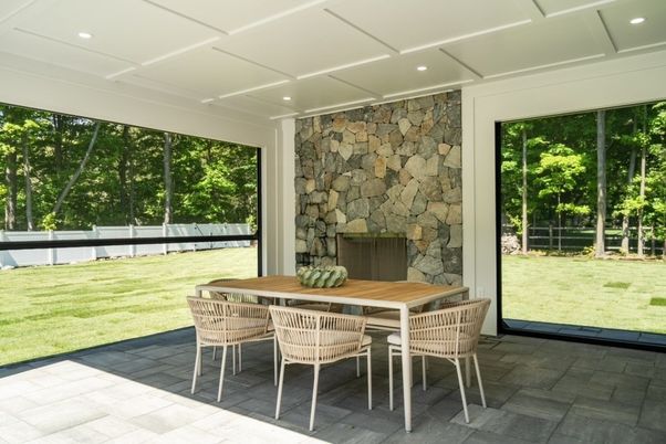 Dining room, Fireplace, Interior, Recessed Lighting, Stone Walls, Sun Room