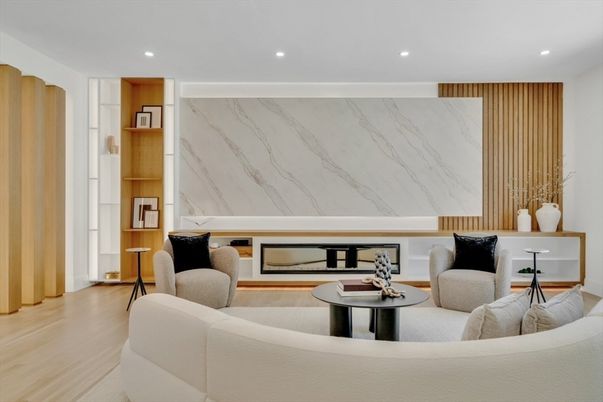 Interior, Living room, Marble Walls, Recessed Lighting, Wood Texture Flooring