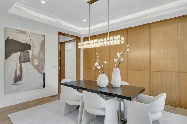 Dining room, Interior, Pendant Lights, Recessed Lighting, Wood Texture Flooring