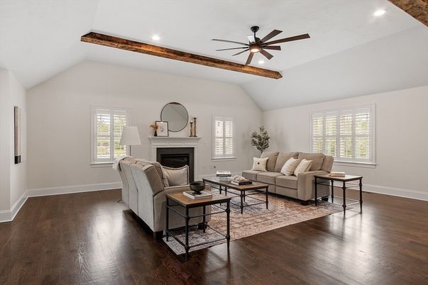 Fireplace, Interior, Living room, Recessed Lighting, Wooden Beams, Wood Texture Flooring