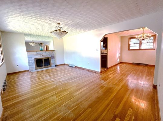 Chandelier, Empty room, Fireplace, Interior, Wood Texture Flooring