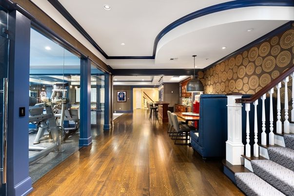 Dining room, Interior, Pendant Lights, Recessed Lighting, Stone Walls, Water, Wood Texture Flooring