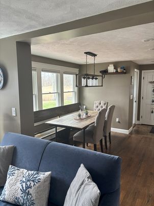 Dining room, Interior, Pendant Lights, Wood Texture Flooring