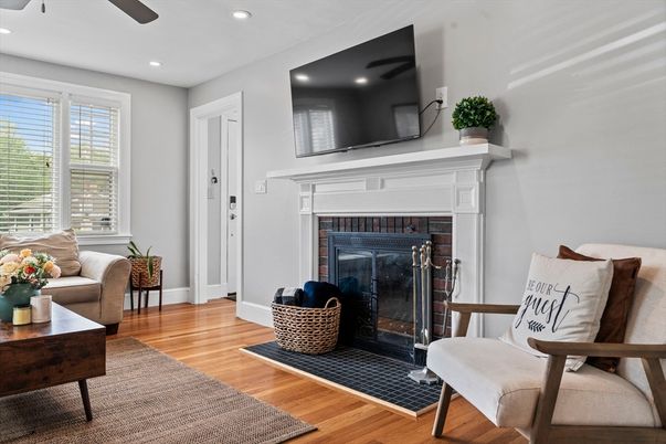 Fireplace, Interior, Recessed Lighting, Wood Texture Flooring
