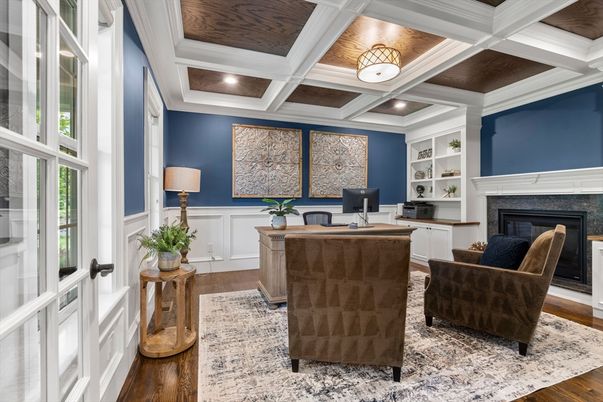 Fireplace, Home Office, Interior, Recessed Lighting, Wooden Ceilings, Wood Texture Flooring