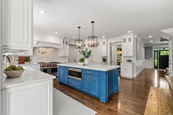 Interior, Kitchen, Marble Walls, Pendant Lights, Recessed Lighting, Stainless Steel Appliances, Wood Texture Flooring
