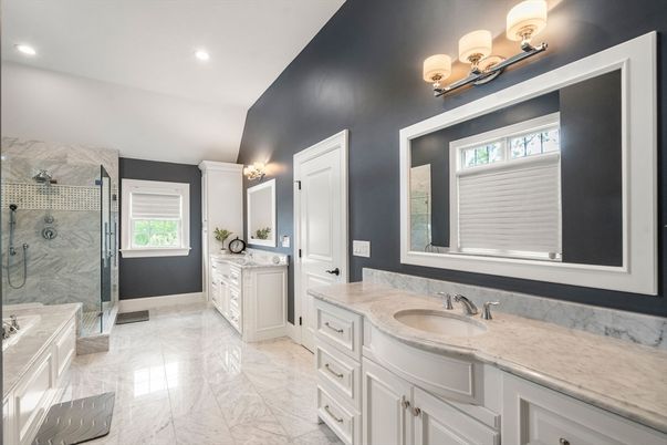Bathroom, Dual Sink Vanities, Glass Shower, Interior, Marble, Recessed Lighting