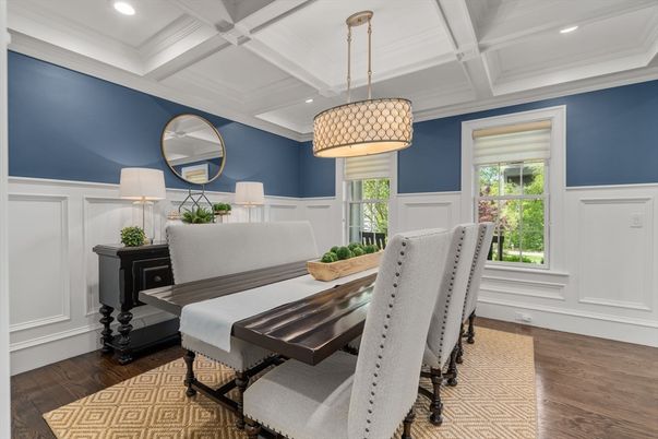 Dining room, Interior, Pendant Lights, Recessed Lighting, Wood Texture Flooring
