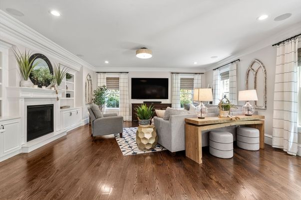 Fireplace, Interior, Living room, Recessed Lighting, Wood Texture Flooring