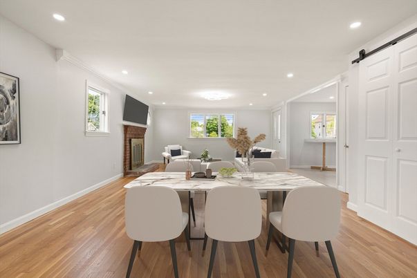 Dining room, Fireplace, Interior, Living room, Recessed Lighting, Wood Texture Flooring