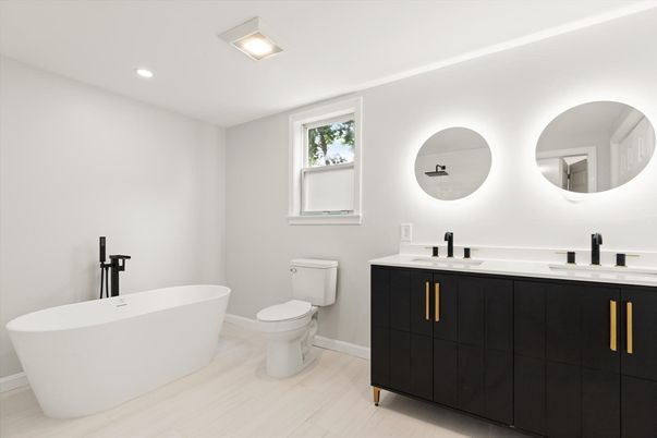 Bathroom, Dual Sink Vanities, Free Standing Baths, Interior, Recessed Lighting, Wood Texture Flooring