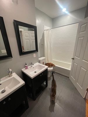 Bathroom, Dual Sink Vanities, Interior, Recessed Lighting, Wood Texture Flooring