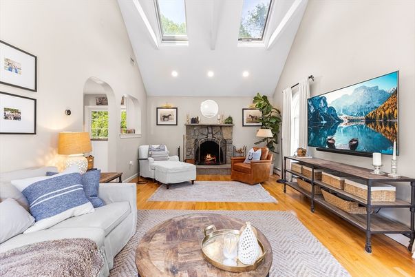 Fireplace, Interior, Living room, Recessed Lighting, Wood Texture Flooring
