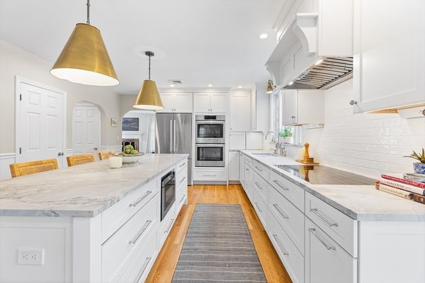 Interior, Kitchen, Pendant Lights, Recessed Lighting, Stainless Steel Appliances, Wood Texture Flooring