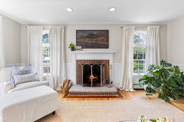 Fireplace, Interior, Recessed Lighting, Wood Texture Flooring