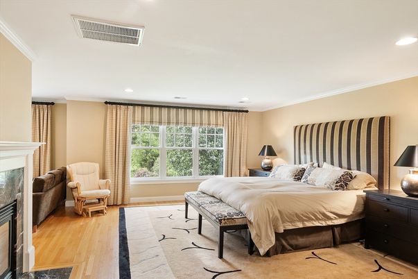 Bedroom, Fireplace, Interior, Recessed Lighting, Wood Texture Flooring