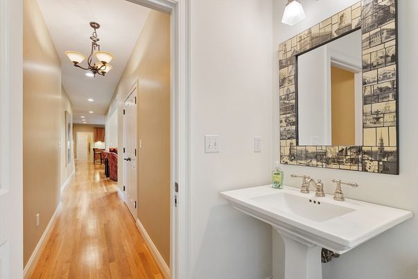 Bathroom, Chandelier, Interior, Recessed Lighting, Wood Texture Flooring