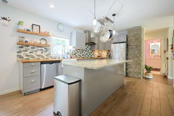 Interior, Kitchen, Pendant Lights, Recessed Lighting, Stainless Steel Appliances, Wood Texture Flooring