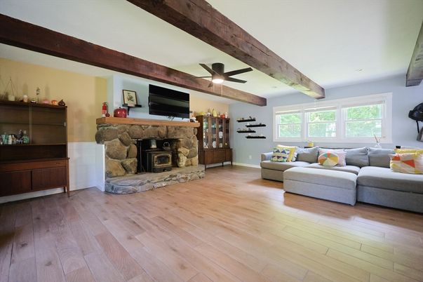 Fireplace, Interior, Living room, Recessed Lighting, Wooden Beams, Wood Texture Flooring
