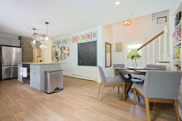 Dining room, Interior, Kitchen, Pendant Lights, Recessed Lighting, Stainless Steel Appliances, Wood Texture Flooring