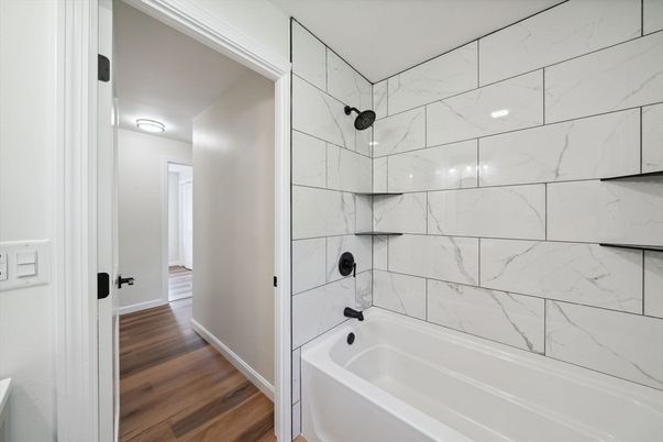 Bathroom, Interior, Marble Walls, Wood Texture Flooring