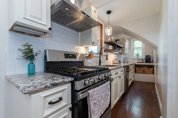 Interior, Kitchen, Pendant Lights, Stainless Steel Appliances, Wood Texture Flooring