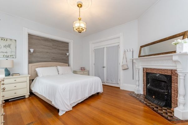 Bedroom, Fireplace, Interior, Pendant Lights, Wood Texture Flooring