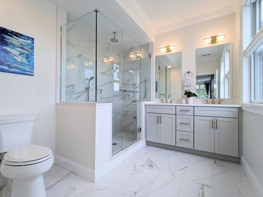 Bathroom, Dual Sink Vanities, Glass Shower, Interior, Marble, Marble Walls